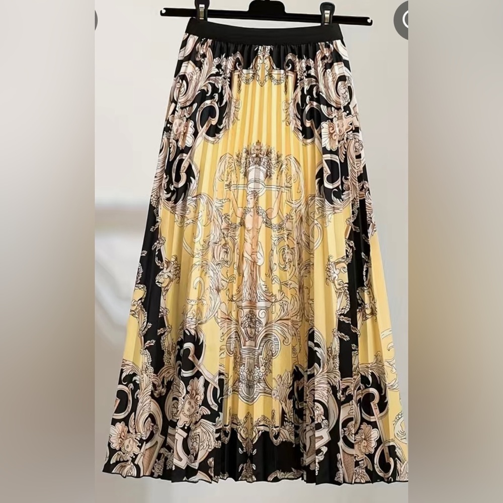 Yellow & Black Pleated Printed Maxi Skirt